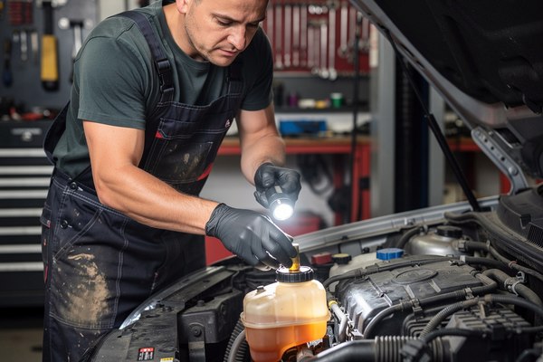 Mechanic checking brake fluid reservoir under the hood