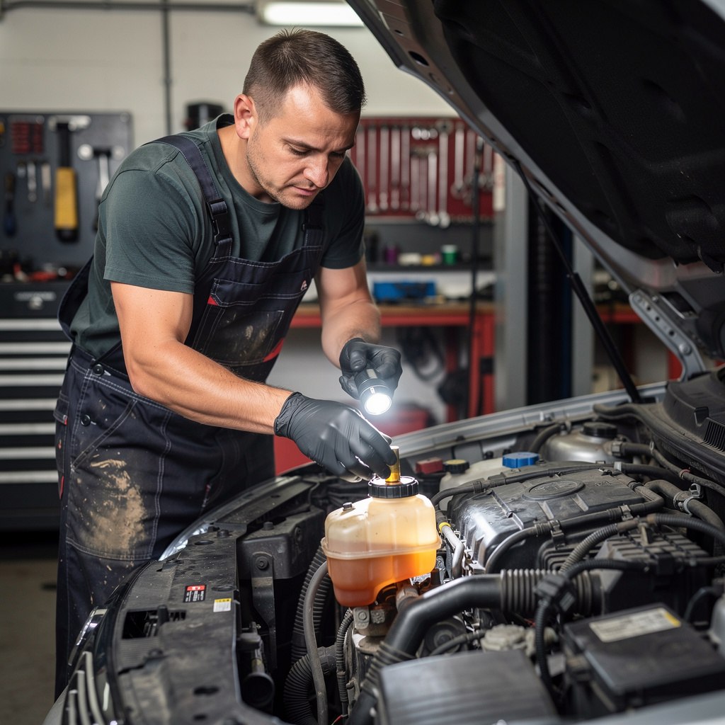 Mechanic checking brake fluid reservoir under the hood