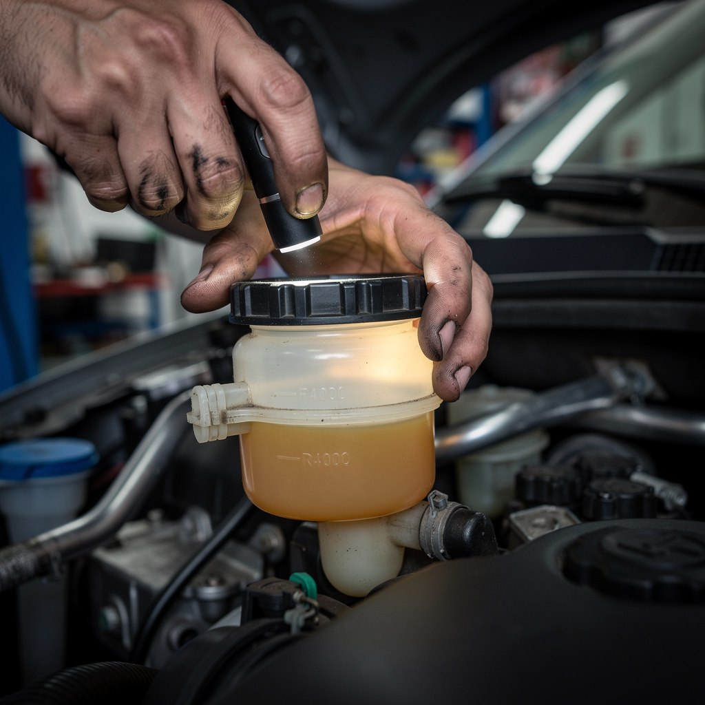 Mechanic checking brake fluid reservoir under the hood