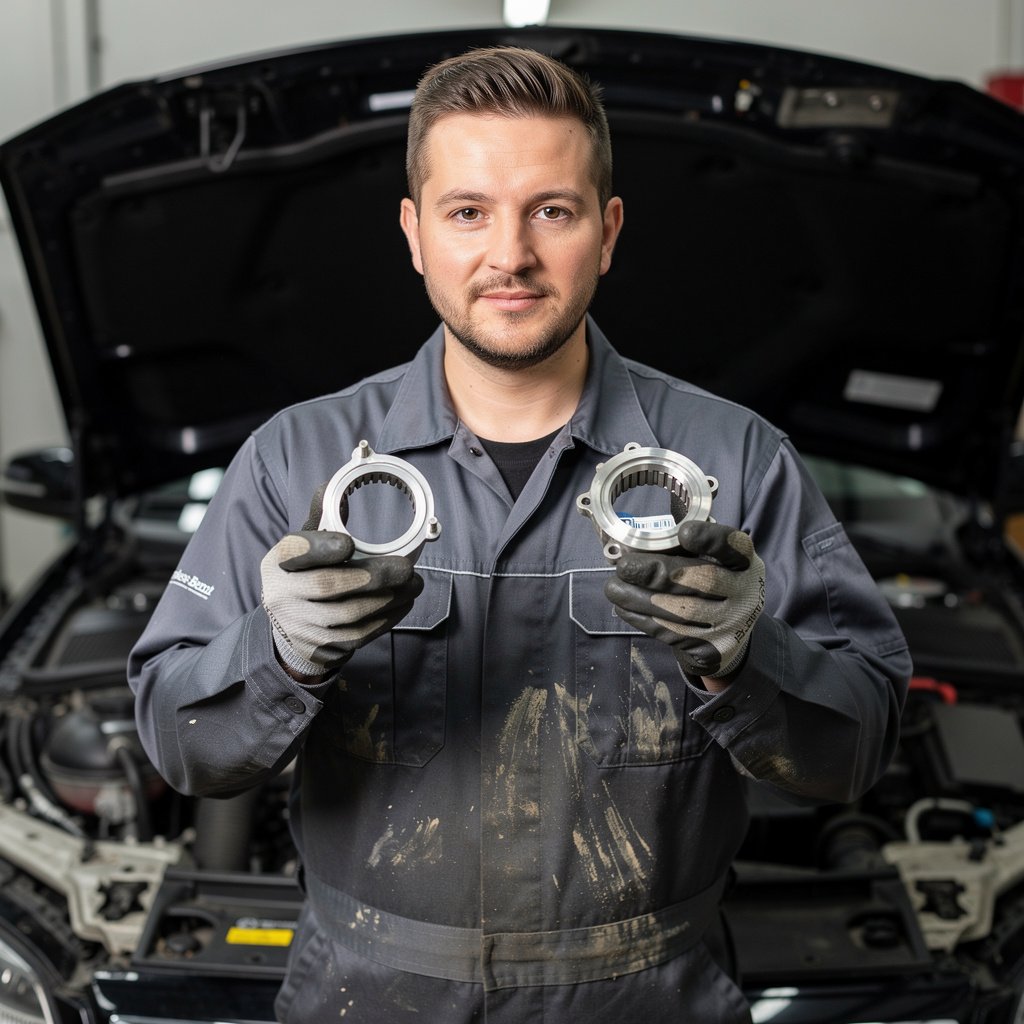 Mechanic comparing two Mercedes-Benz replacement parts next to an open engine bay