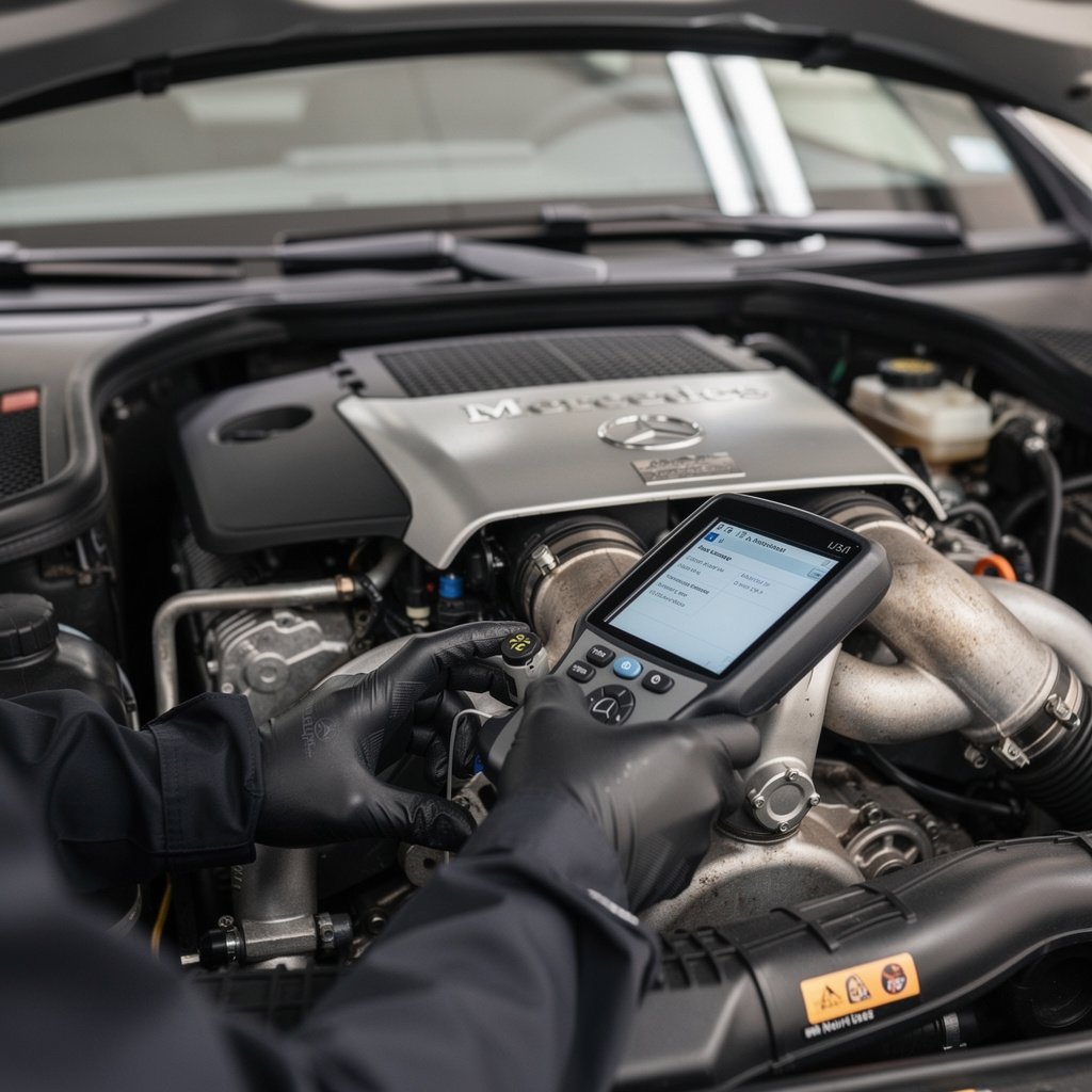 Mechanic inspecting a Mercedes-Benz engine bay with a diagnostic tool