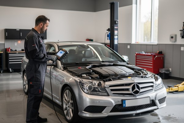 Mechanic diagnosing a Mercedes-Benz in an independent auto repair shop