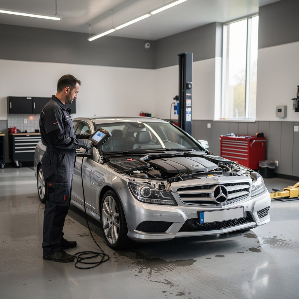 Mechanic diagnosing a Mercedes-Benz in an independent auto repair shop