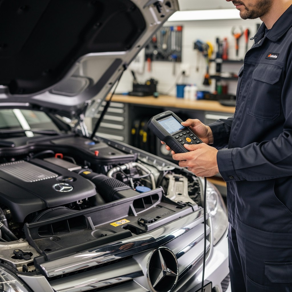Mechanic diagnosing a Mercedes-Benz in an independent auto repair shop
