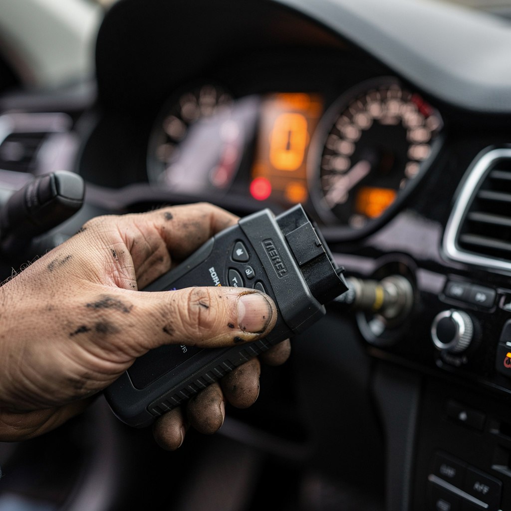 Mechanic plugging an OBD-II scanner into a car's diagnostic port