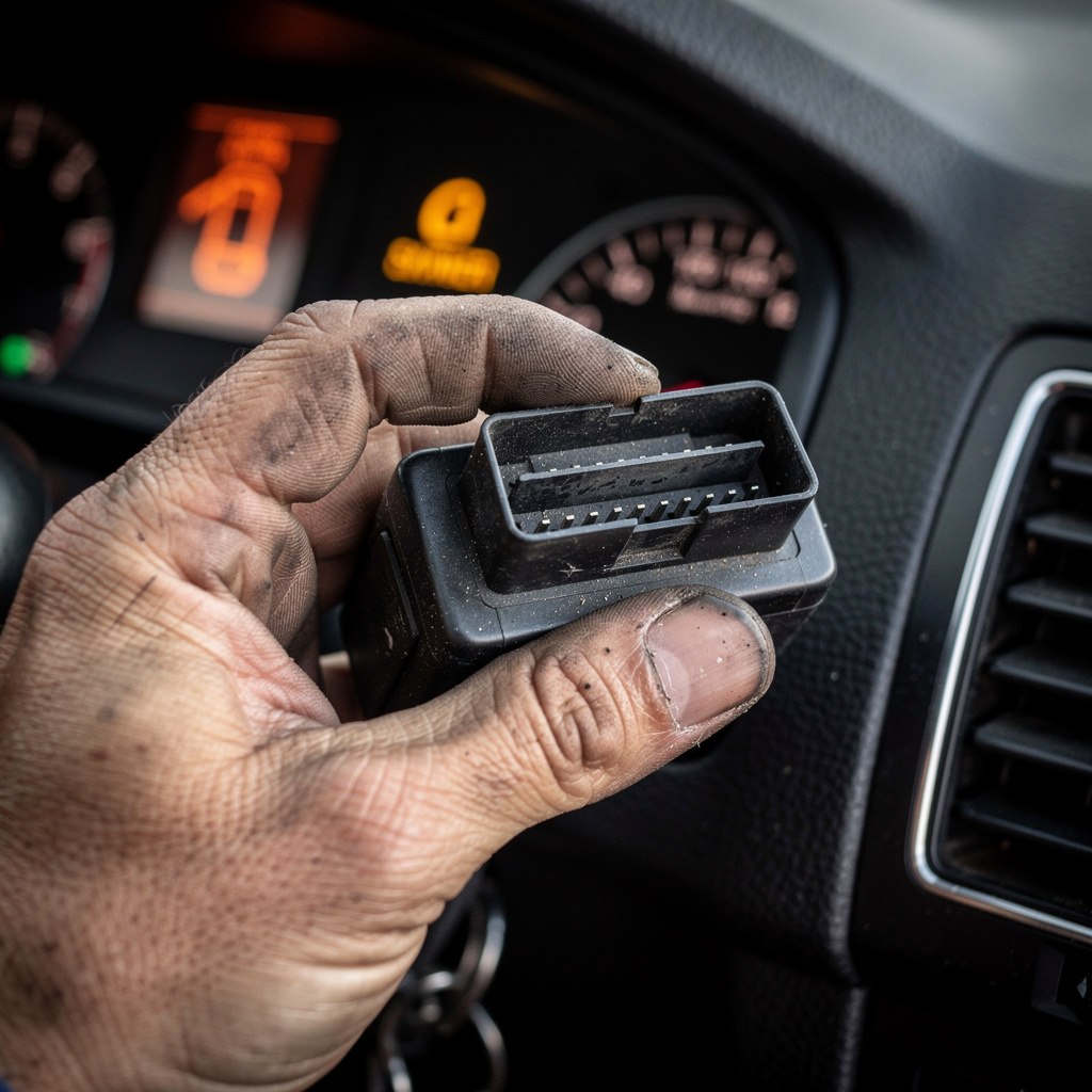 Mechanic plugging an OBD-II scanner into a car's diagnostic port