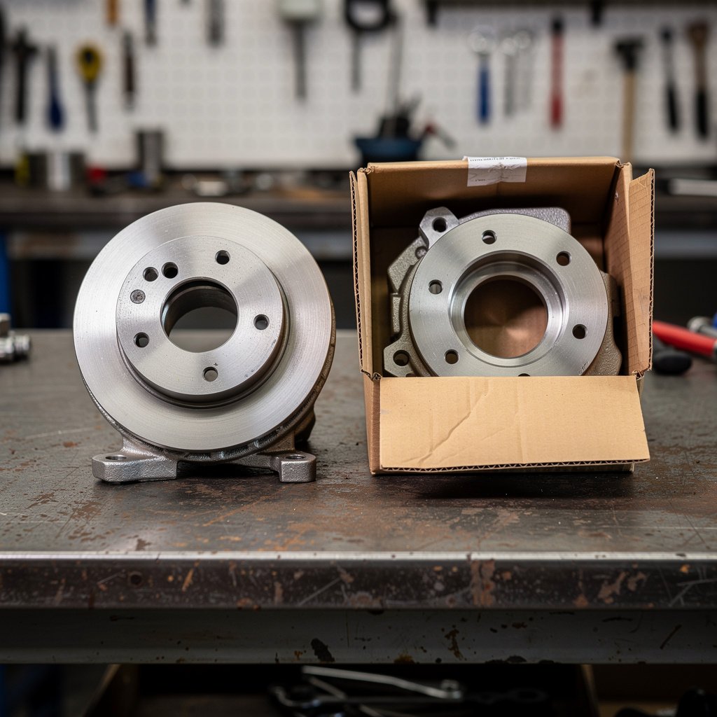 Mechanic comparing an original Mercedes part with an aftermarket alternative on a workbench