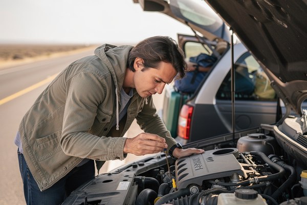 Driver checking under the hood of a car before a road trip