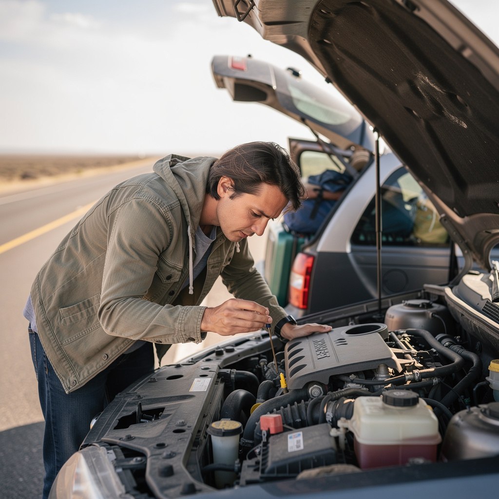 Driver checking under the hood of a car before a road trip