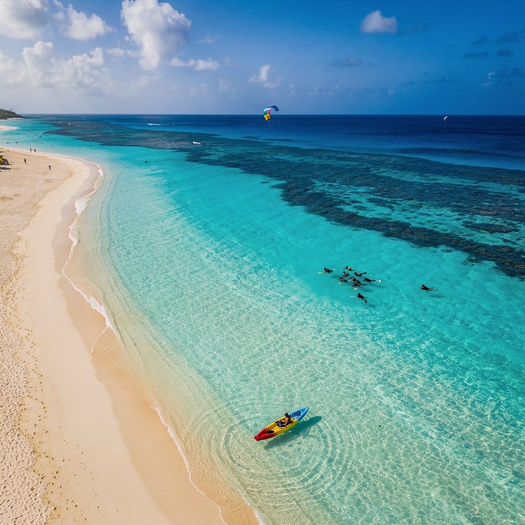 Turquoise water off Grace Bay with a kayak and snorkelers near the reef