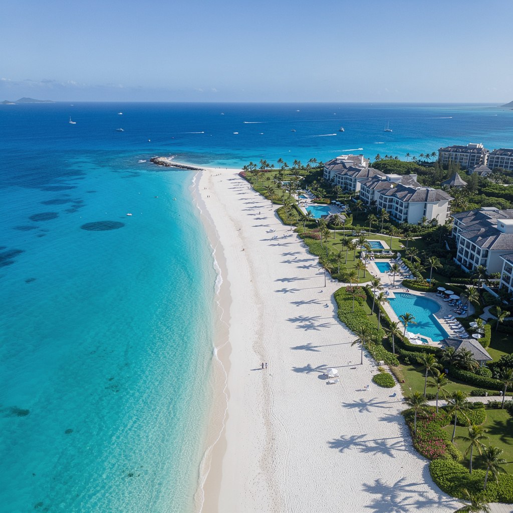 Aerial-style view of Grace Bay beach with resorts lining the shore and turquoise water stretching to the horizon